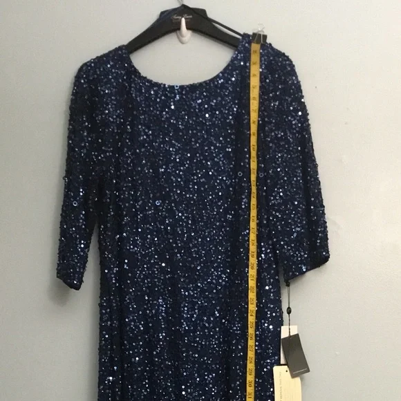 ADRIANNA PAPELL Blue and Silver Embellished Gown with Scoop Neckline - Picture 11 of 16